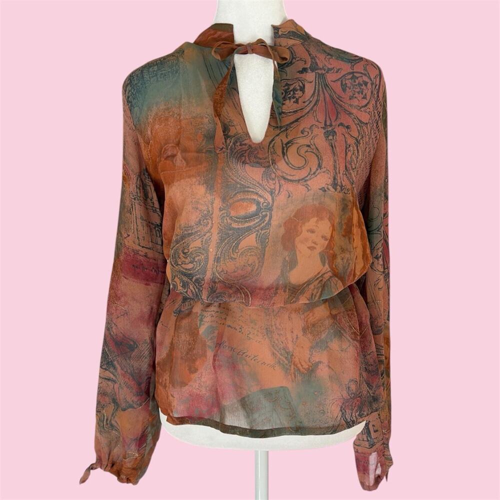 Vintage euro 90s sheer blouse with tie neck and tie waist